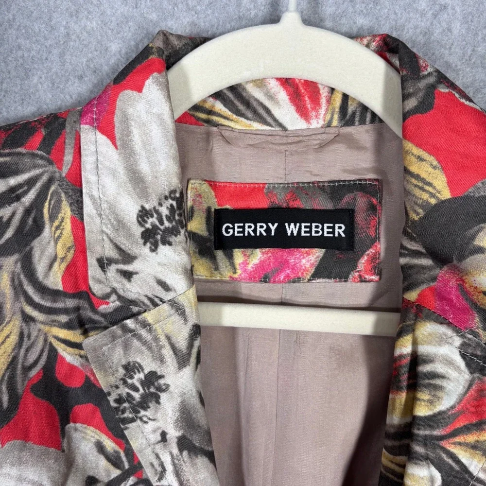 Gerry Weber Blazer Jacket Small Red Gray Pockets Artsy Abstract‎ Watercolor
